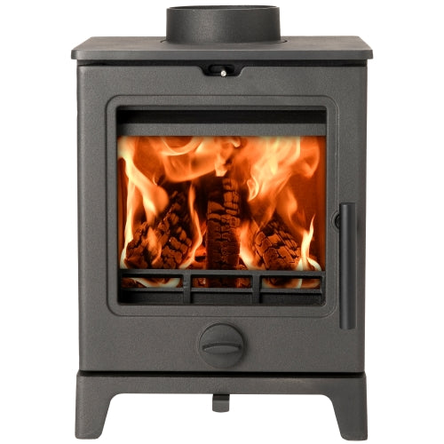 MI Fires Derwent Small 4.2kW wood burning stove, front view with fire lit